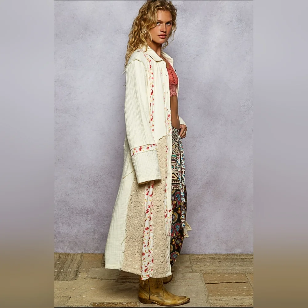#761 POL Long Jacket In Double Gauze With Floral & Crochet Patchwork - Picture 4 of 5